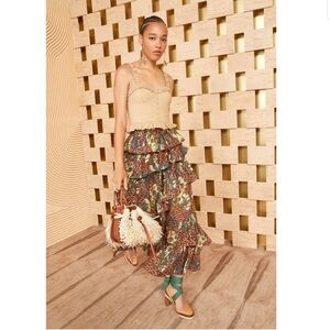 Ulla Johnson Floral Ruffled Midi Skirt in Green and Brown